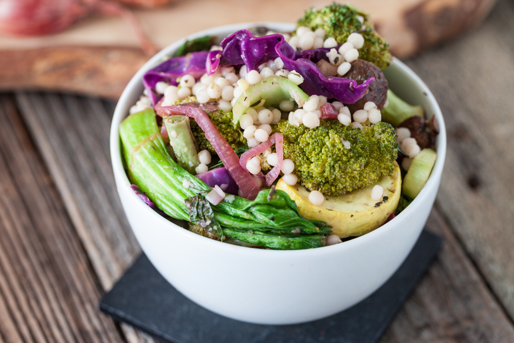 Warm Bok Choy & Roasted Veggie Couscous Salad with Lemon Caper Dressing