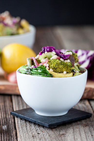 Warm Bok Choy & Roasted Veggie Couscous Salad with Lemon Caper Dressing