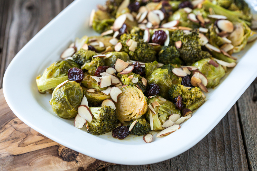 Cheesy Maple Roasted Brussels Sprouts & Broccoli with Dried Cherries & Almonds