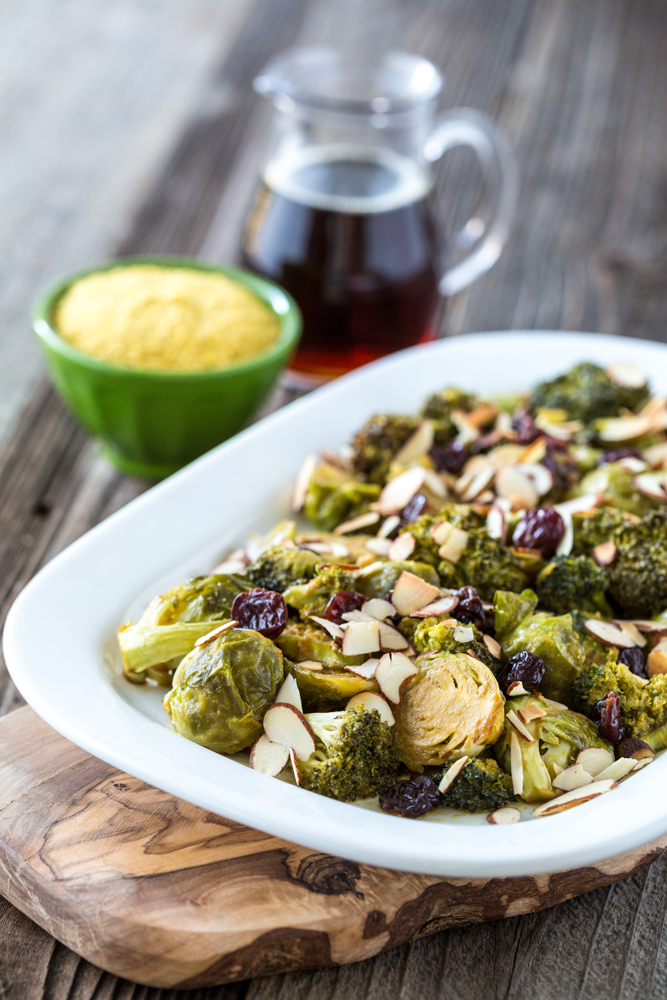 Cheesy Maple Roasted Brussels Sprouts & Broccoli with Dried Cherries & Almonds