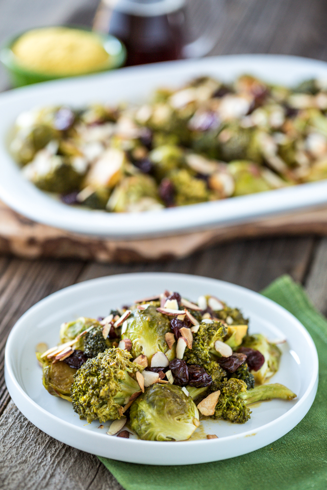 Cheesy Maple Roasted Brussels Sprouts & Broccoli with Dried Cherries & Almonds