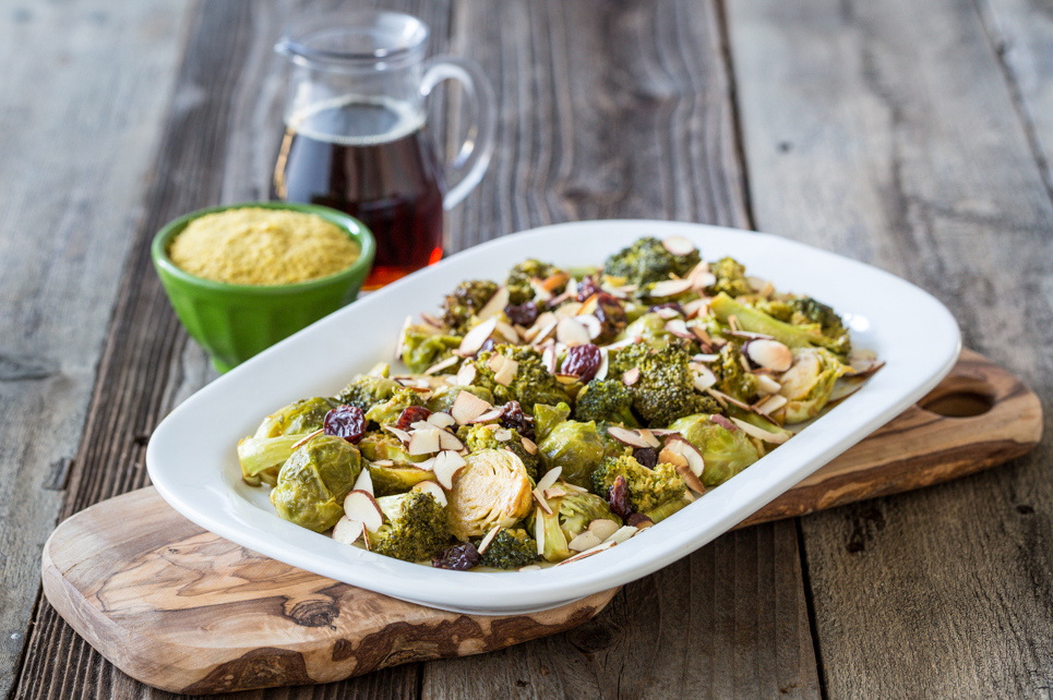 Cheesy Maple Roasted Brussels Sprouts & Broccoli with Dried Cherries & Almonds