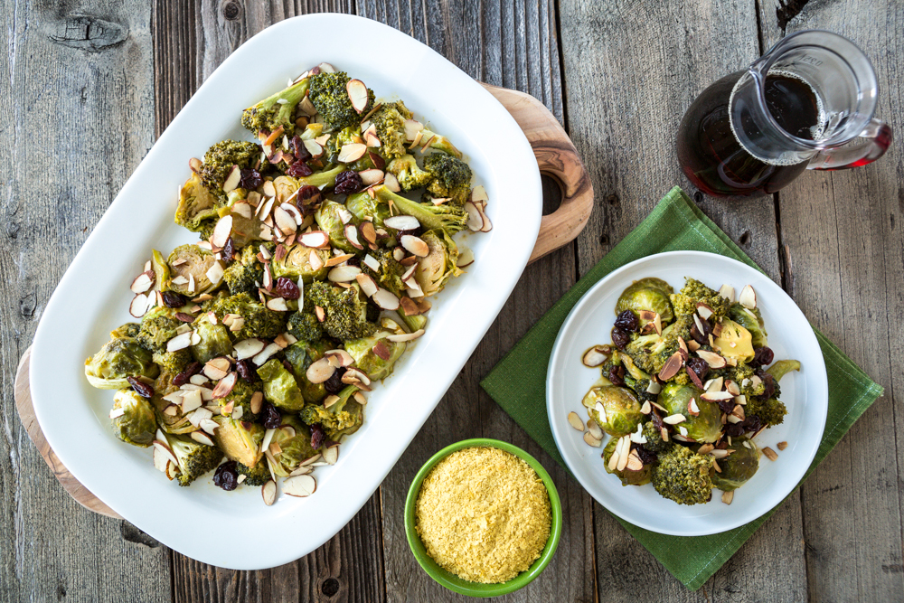 Cheesy Maple Roasted Brussels Sprouts & Broccoli with Dried Cherries & Almonds