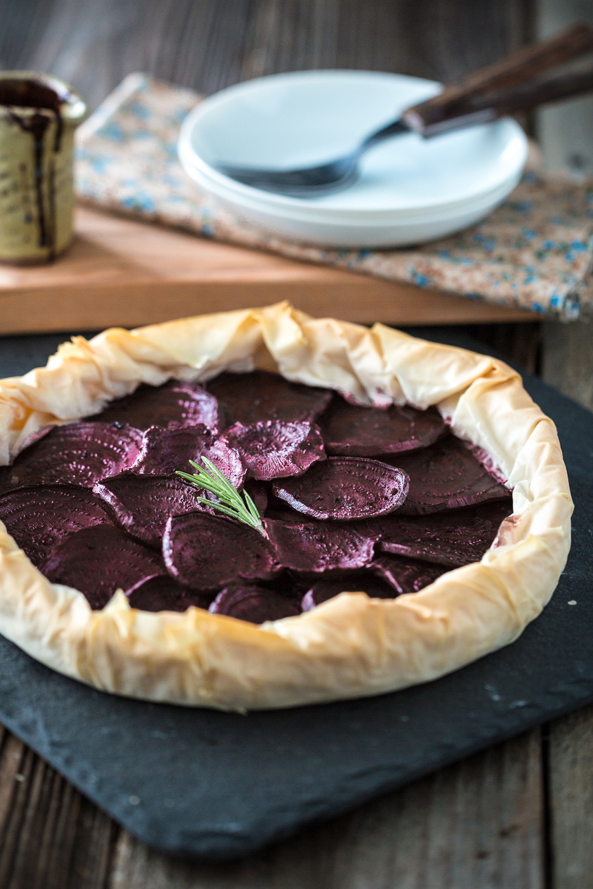 Balsamic Roasted Beet and Rosemary Cashew Cheese Phyllo Tart