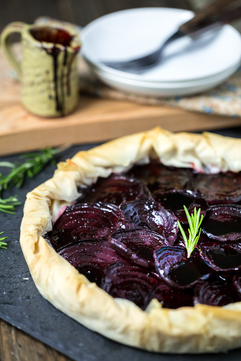 Balsamic Roasted Beet and Rosemary Cashew Cheese Phyllo Tart