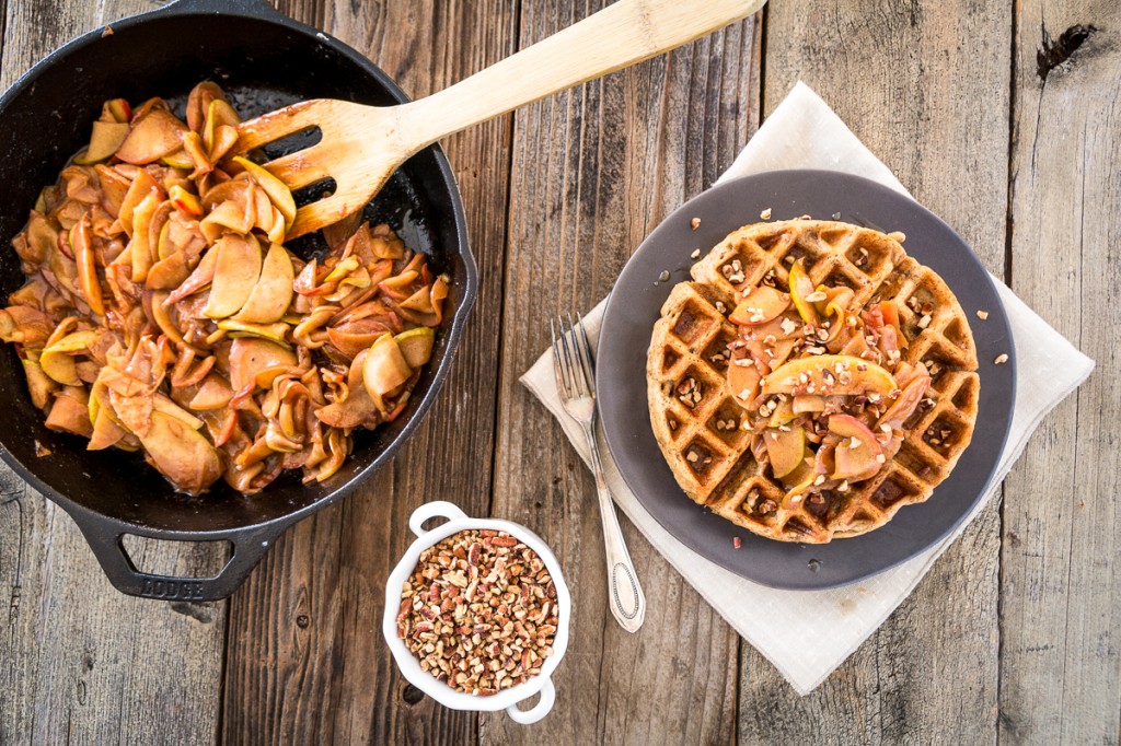 Salted Caramel Pecan Waffles with Cinnamon Apple Topping