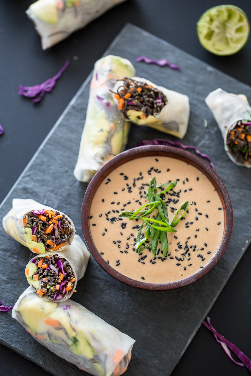 Sweet Potato-Black Bean Pasta Summer Rolls with Coconut-Lime Tahini Sauce