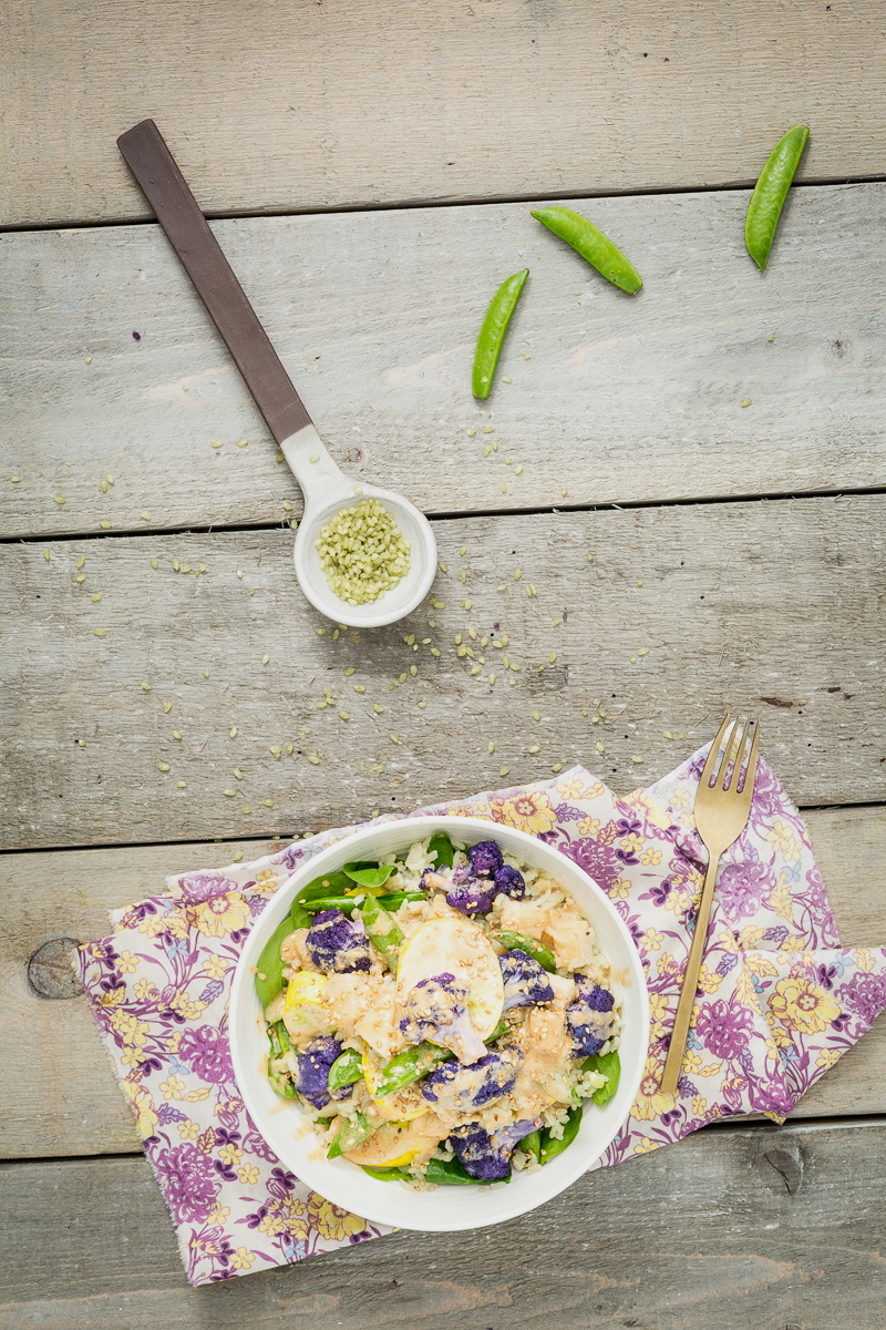 Spring Veggie Bowl with Jade Pearl Rice, Kohlrabi, & Coconut Tahini Sauce