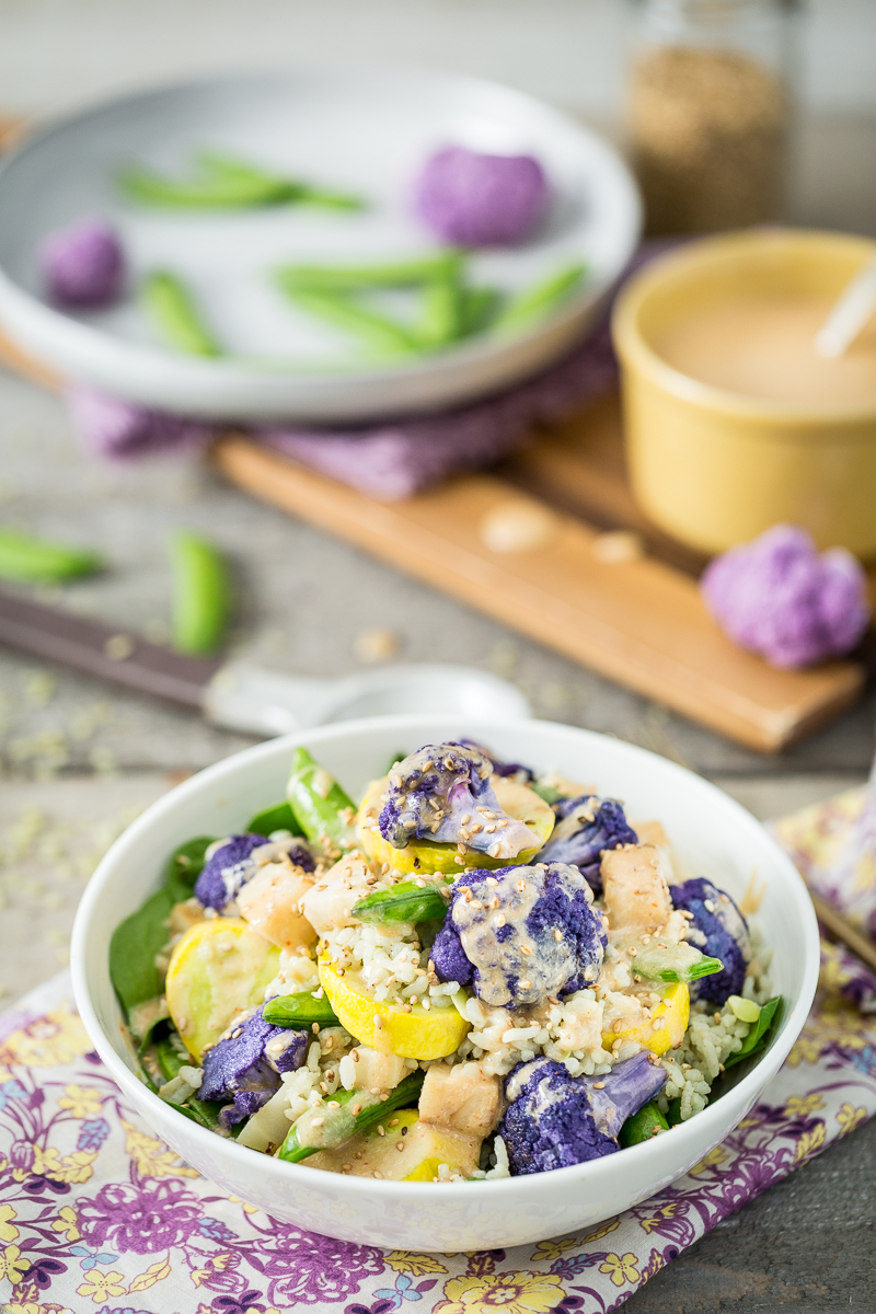 Spring Veggie Bowl with Jade Pearl Rice, Kohlrabi, & Coconut Tahini Sauce