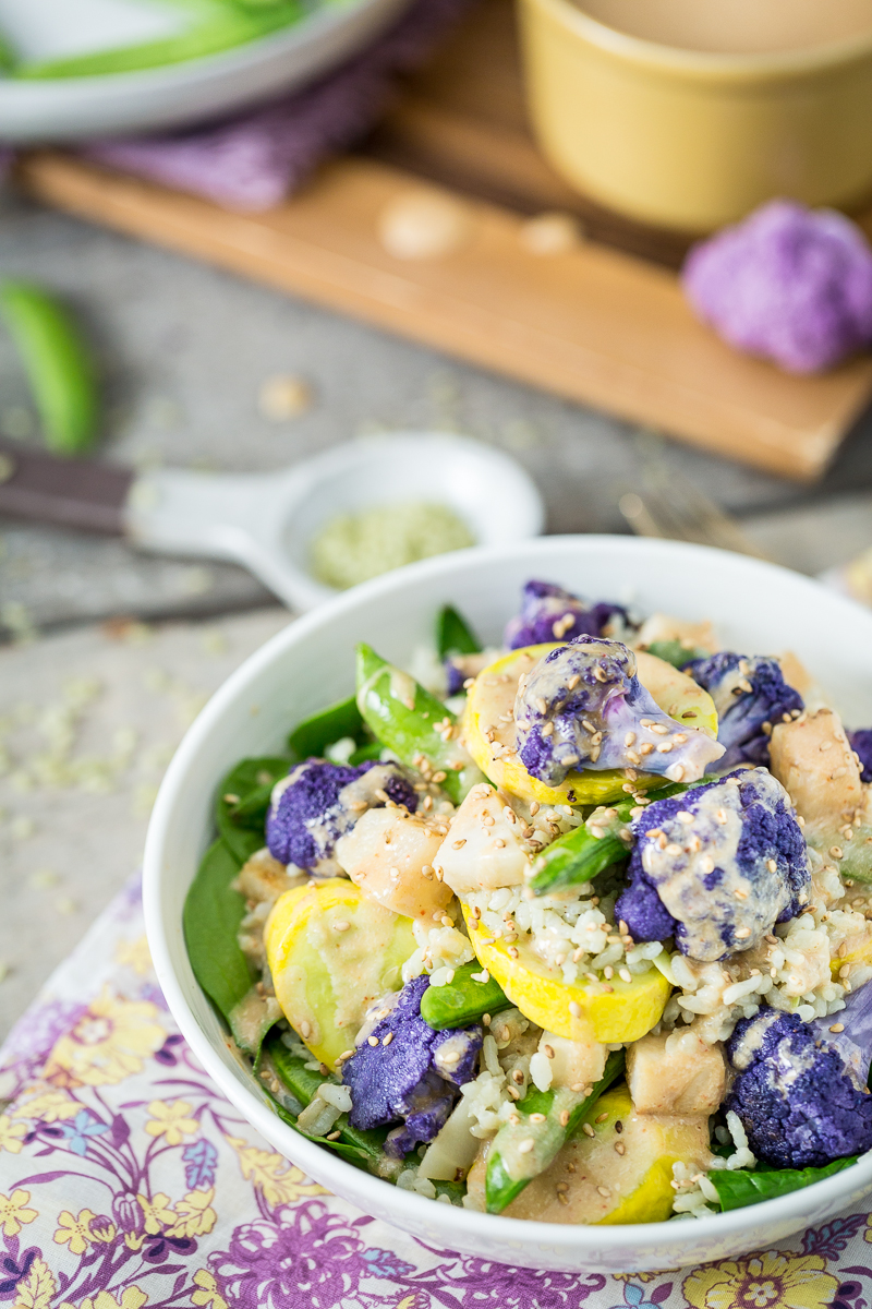 Spring Veggie Bowl with Jade Pearl Rice, Kohlrabi, & Coconut Tahini Sauce