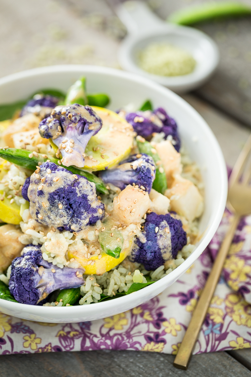 Spring Veggie Bowl with Jade Pearl Rice, Kohlrabi, & Coconut Tahini Sauce