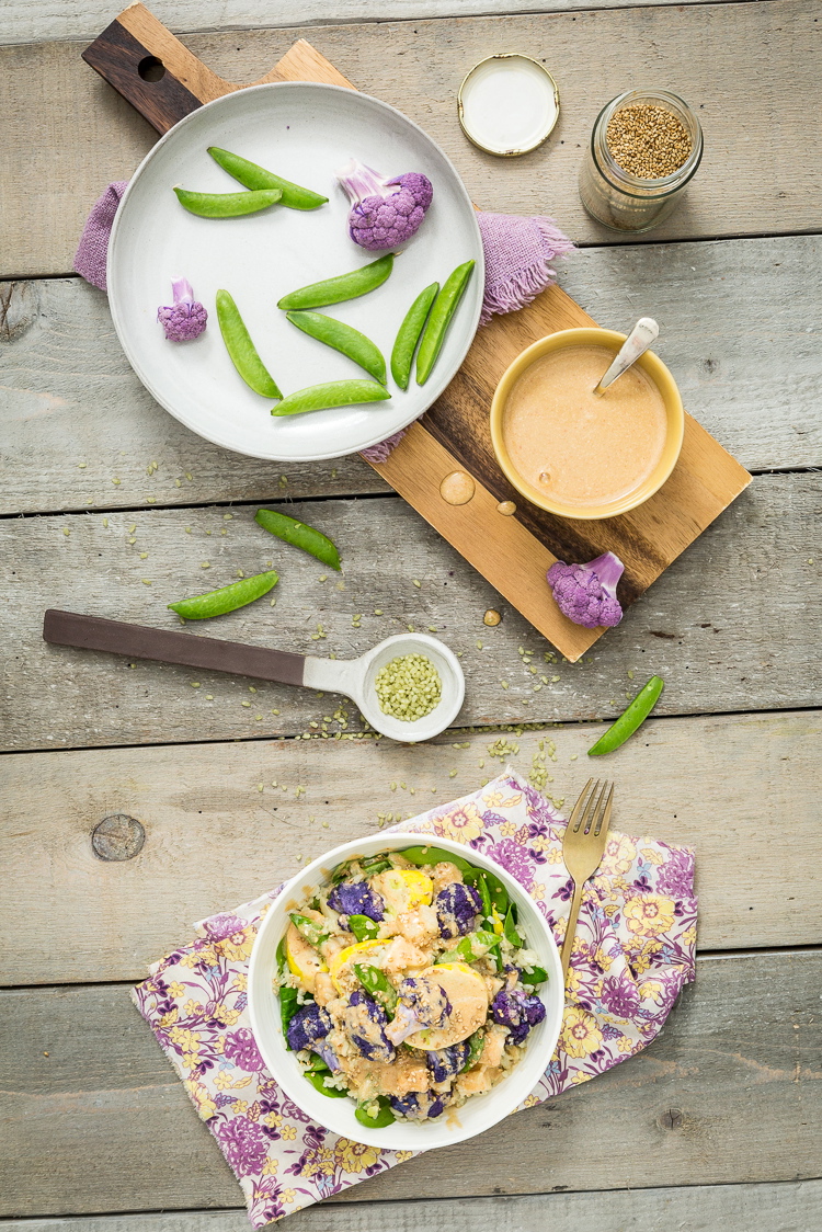 Spring Veggie Bowl with Jade Pearl Rice, Kohlrabi, & Coconut Tahini Sauce