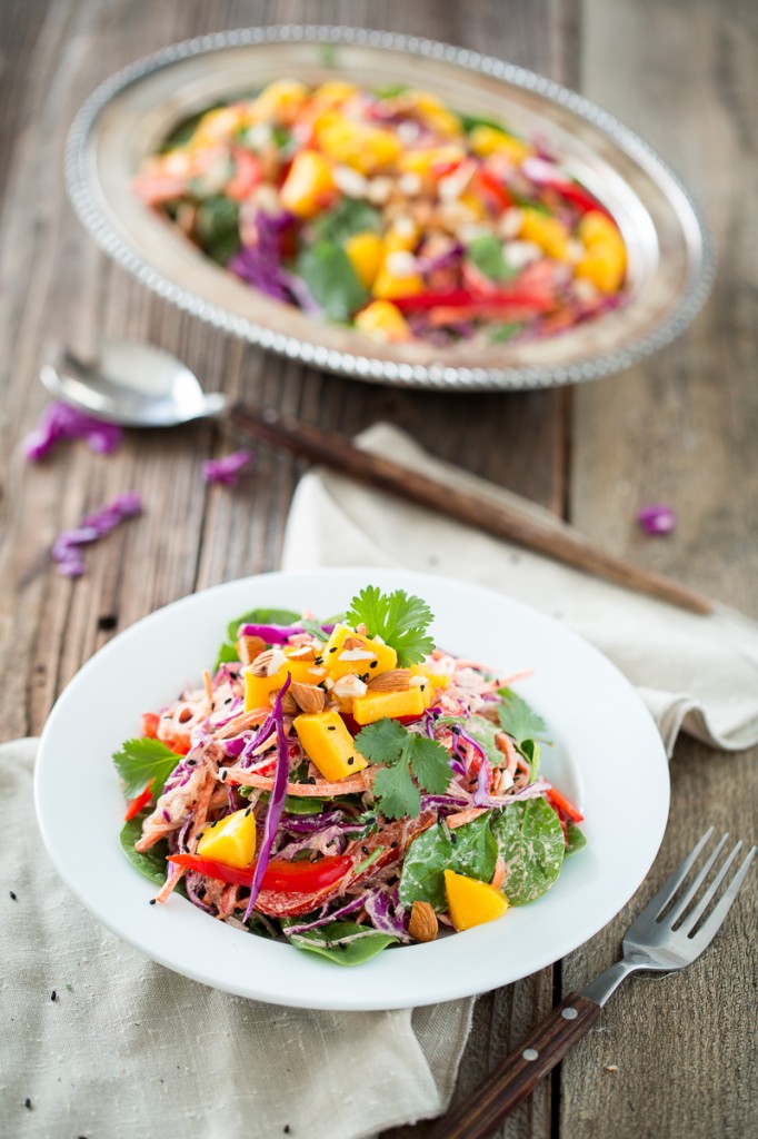 Rainbow Kelp Noodle Salad with Lemon Almond Ginger Dressing