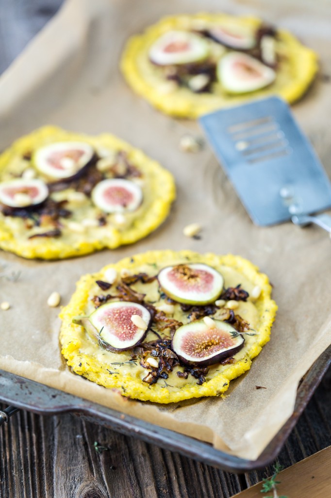 Caramelized Shallot & Fig Polenta Pizzas with Thyme & Pine Nuts