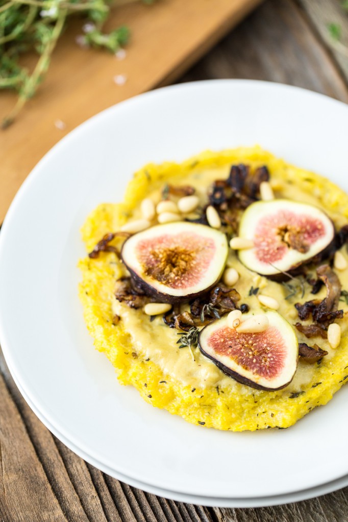 Caramelized Shallot & Fig Polenta Pizzas with Thyme & Pine Nuts