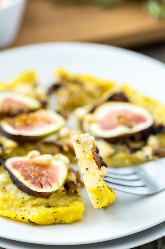 Caramelized Shallot & Fig Polenta Pizzas with Thyme & Pine Nuts