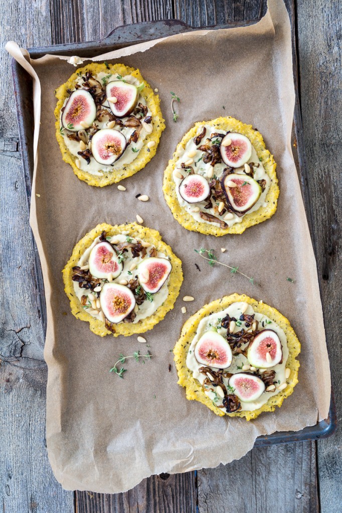 Caramelized Shallot & Fig Polenta Pizzas with Thyme & Pine Nuts