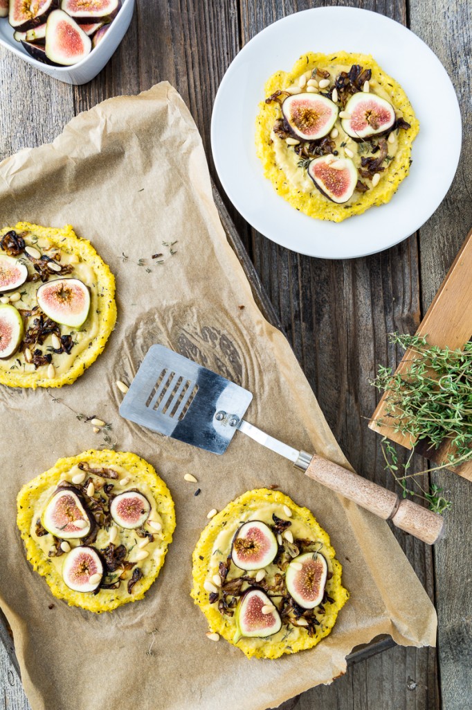 Caramelized Shallot & Fig Polenta Pizzas with Thyme & Pine Nuts