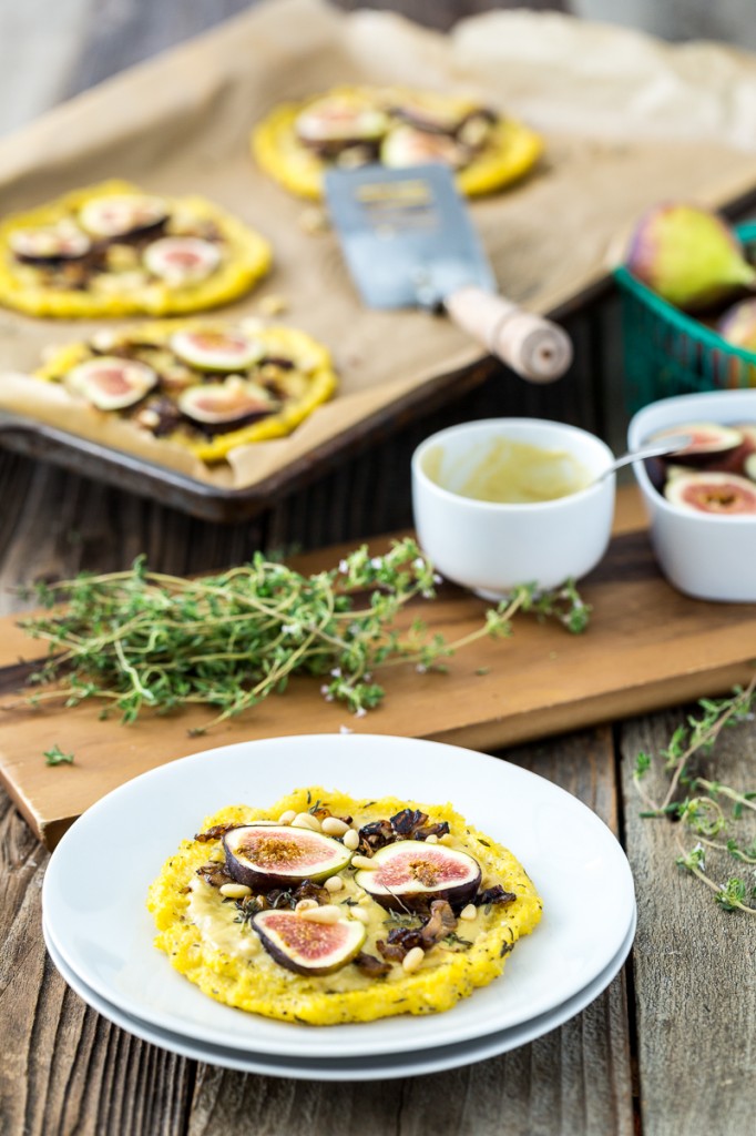 Caramelized Shallot & Fig Polenta Pizzas with Thyme & Pine Nuts