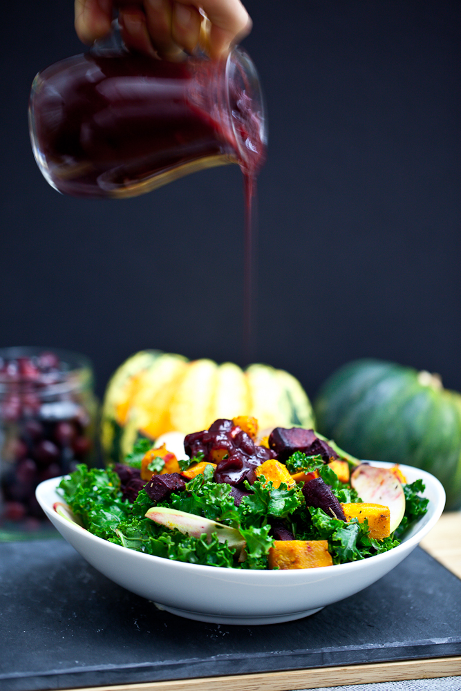 Red Kuri & Beet Kale Salad with Cranberry Orange Balsamic Dressing & Pecan Parmesan