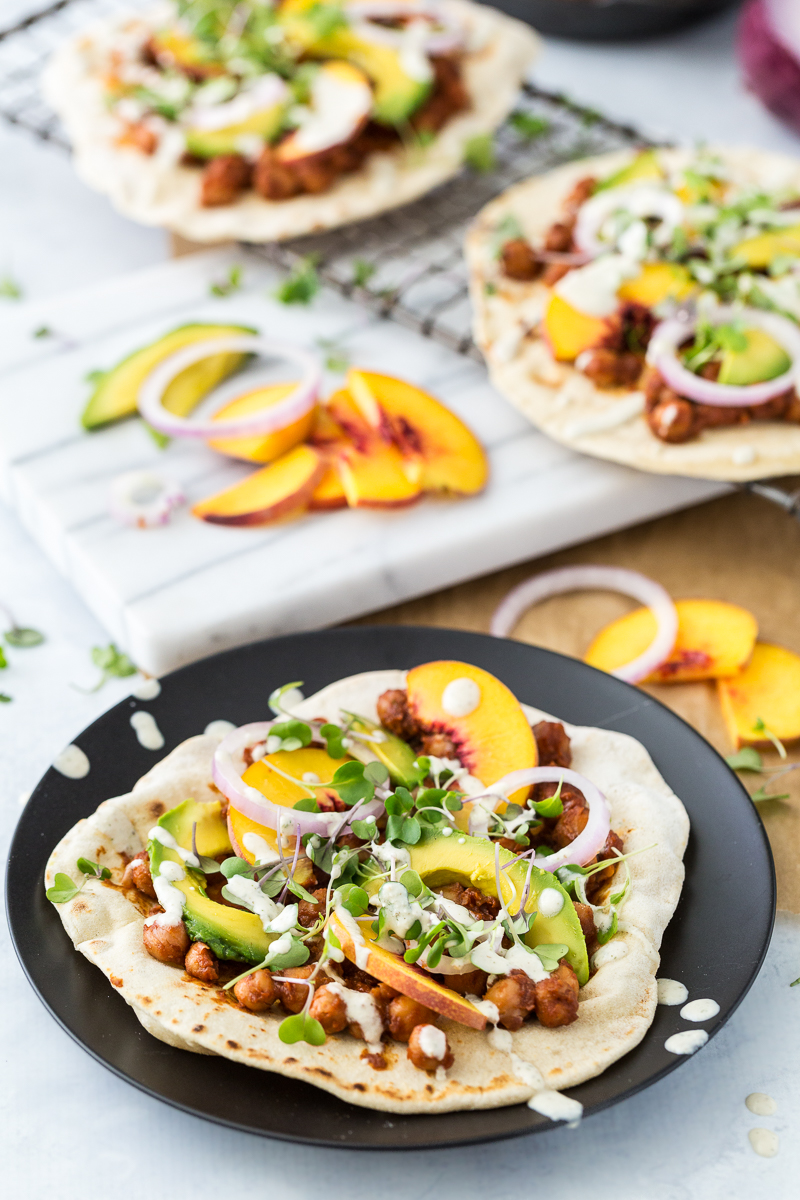 BBQ Chickpea Flatbread Pizzas with Jalapeño Plum BBQ Sauce