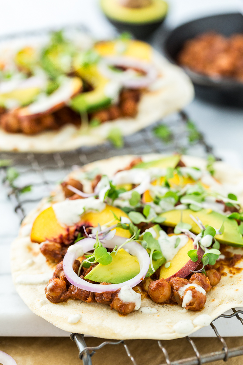 BBQ Chickpea Flatbread Pizzas with Jalapeño Plum BBQ Sauce