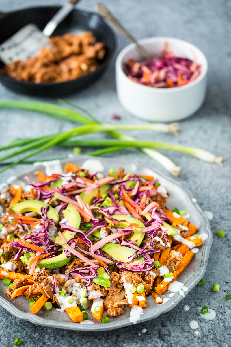 Loaded Sweet Potato Fries with BBQ Jackfruit & Red Cabbage Apple Slaw