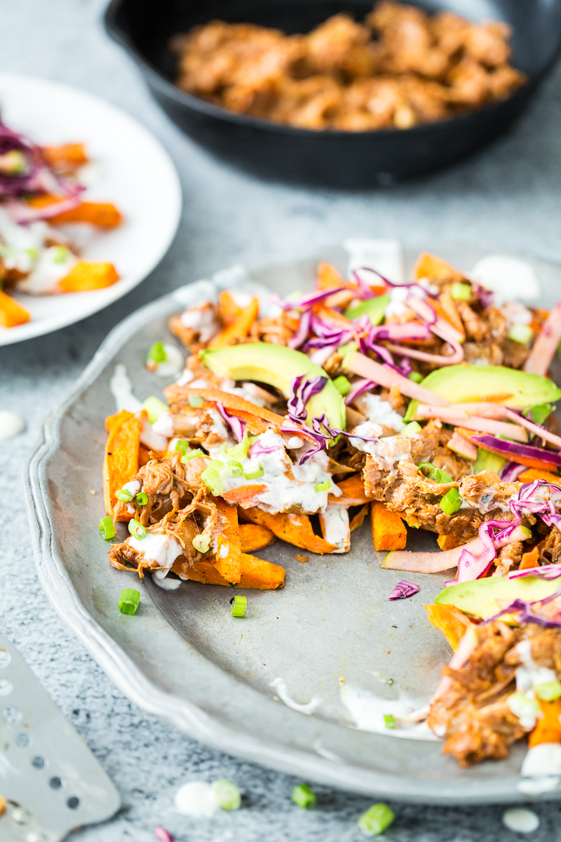 Loaded Sweet Potato Fries with BBQ Jackfruit & Red Cabbage Apple Slaw