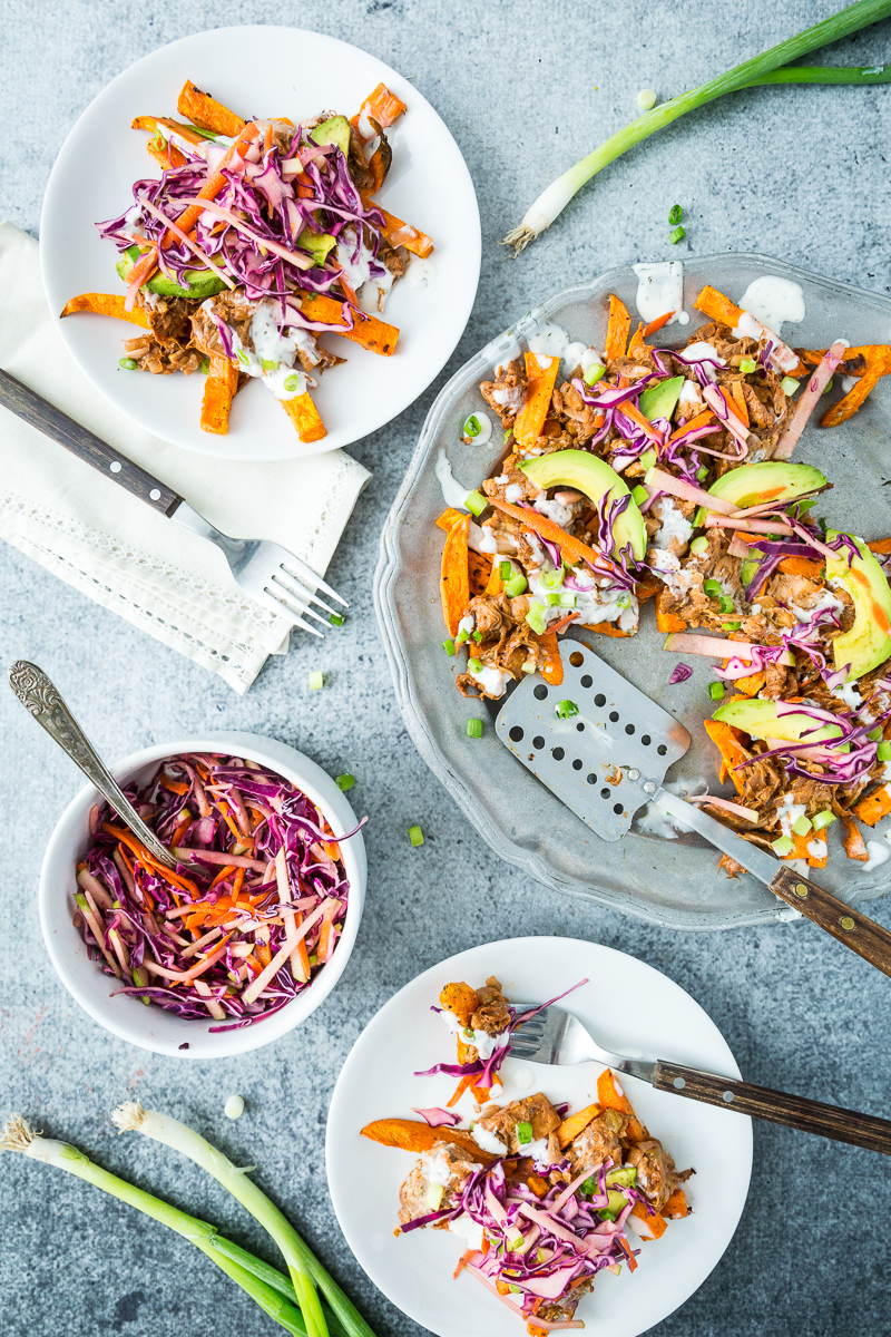 Loaded Sweet Potato Fries with BBQ Jackfruit & Red Cabbage Apple Slaw