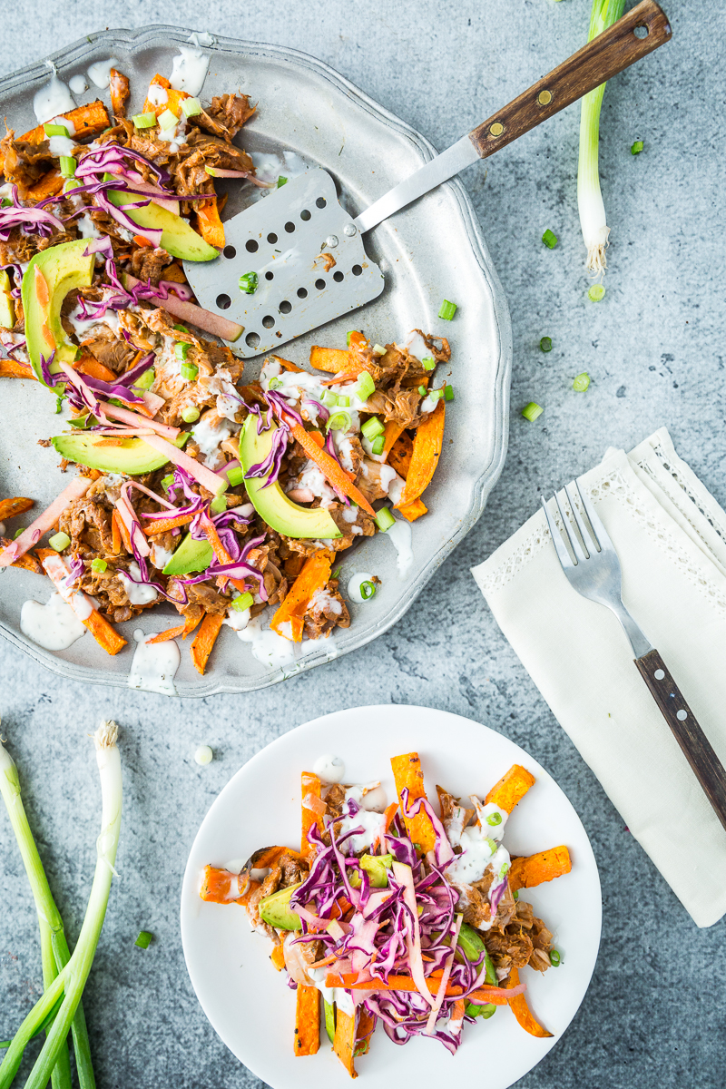 Loaded Sweet Potato Fries with BBQ Jackfruit & Red Cabbage Apple Slaw