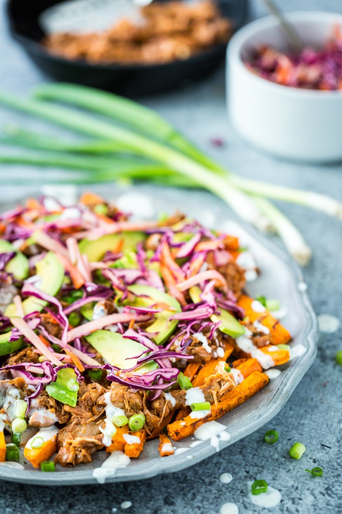 Loaded Sweet Potato Fries with BBQ Jackfruit & Red Cabbage Apple Slaw