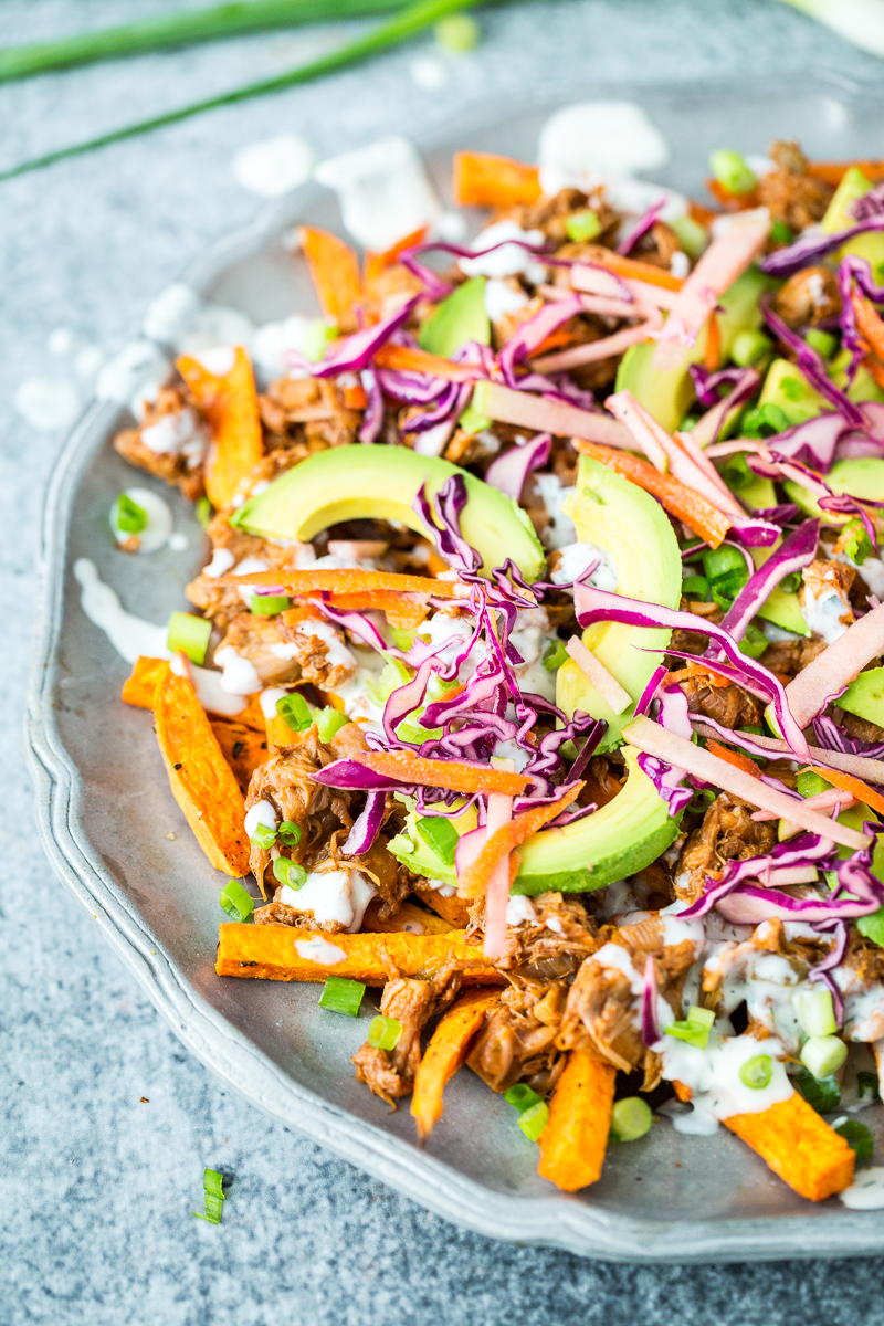 Loaded Sweet Potato Fries with BBQ Jackfruit & Tangy Slaw