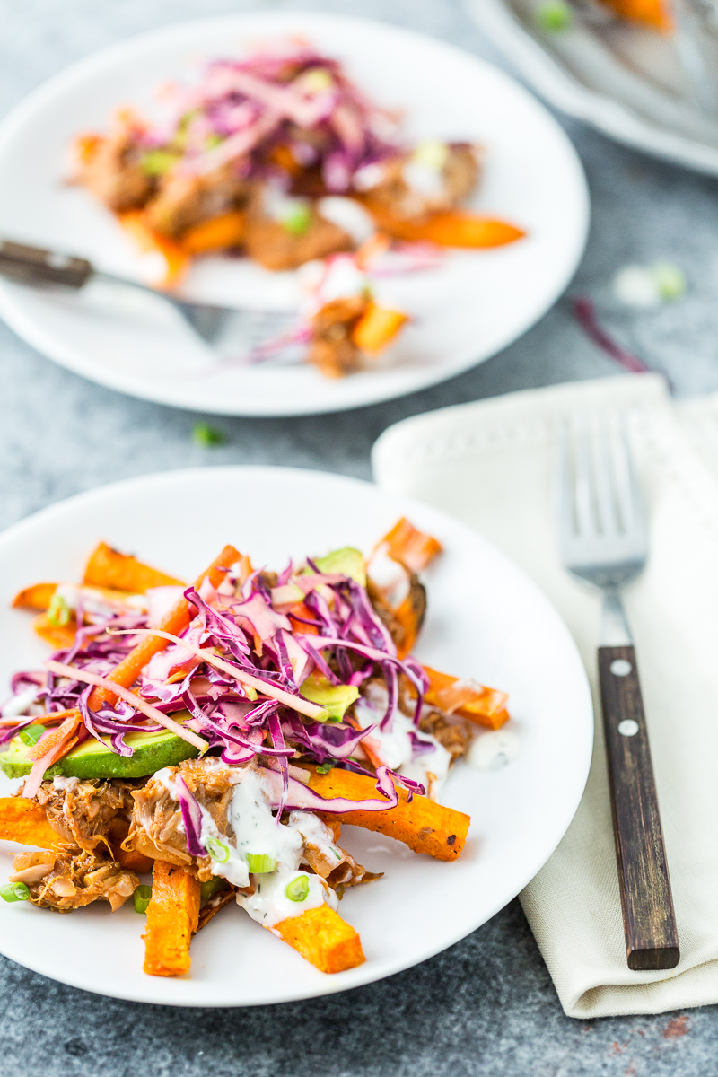 Loaded Sweet Potato Fries with BBQ Jackfruit & Red Cabbage Apple Slaw