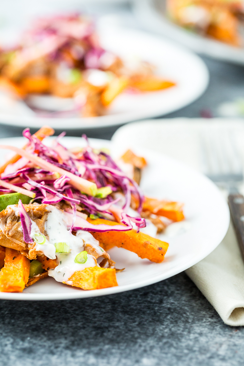 Loaded Sweet Potato Fries with BBQ Jackfruit & Red Cabbage Apple Slaw