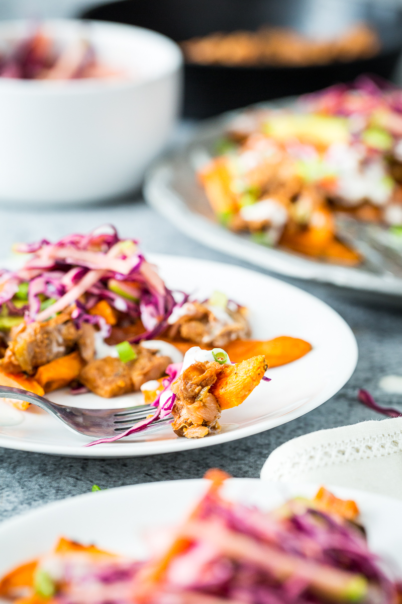 Loaded Sweet Potato Fries with BBQ Jackfruit & Red Cabbage Apple Slaw