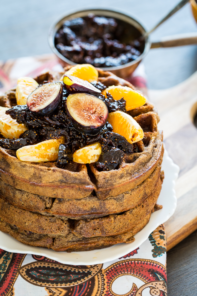 Spiced Orange Cacao Nib Waffles with Fig Compote