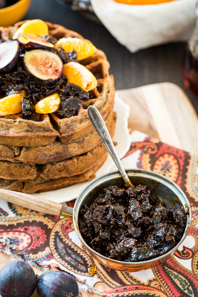 Spiced Orange Cacao Nib Waffles with Fig Compote