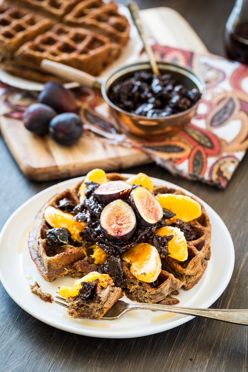 Spiced Orange Cacao Nib Waffles with Fig Compote