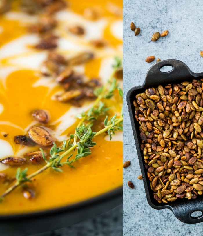 Harissa-Roasted Butternut Squash Soup with Spicy Toasted Pepitas