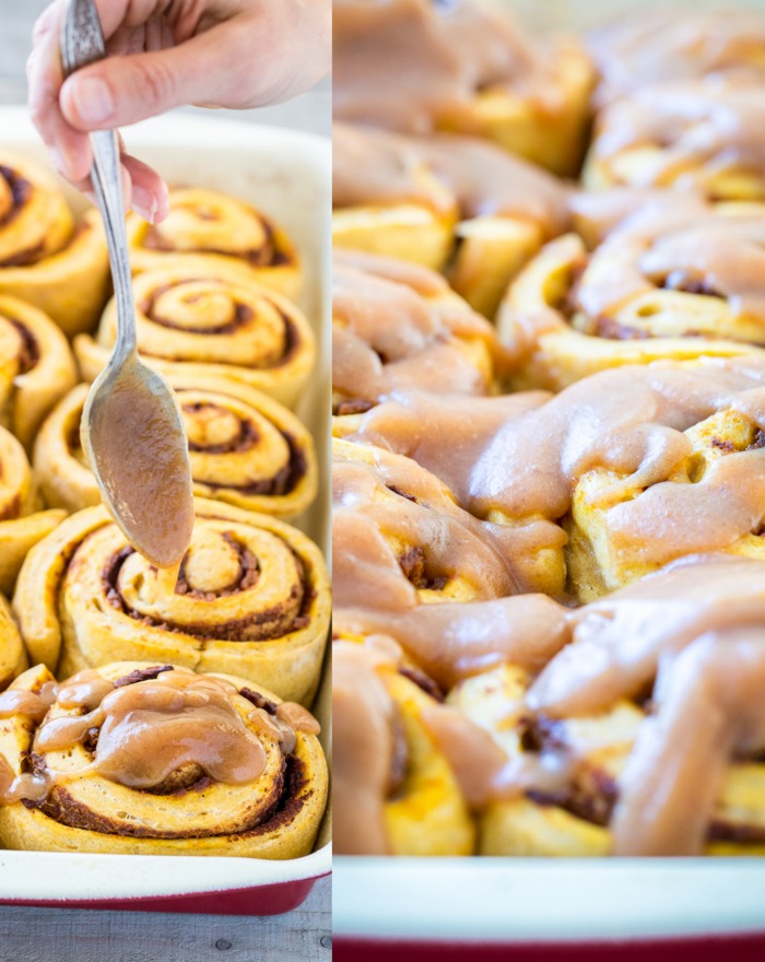 Pumpkin Cinnamon Rolls with Salted Caramel Glaze