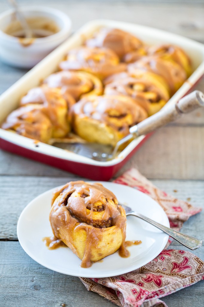 Pumpkin Cinnamon Rolls with Salted Caramel Glaze