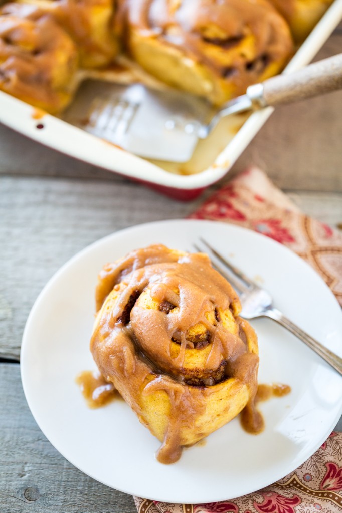 Pumpkin Cinnamon Rolls with Salted Caramel Glaze