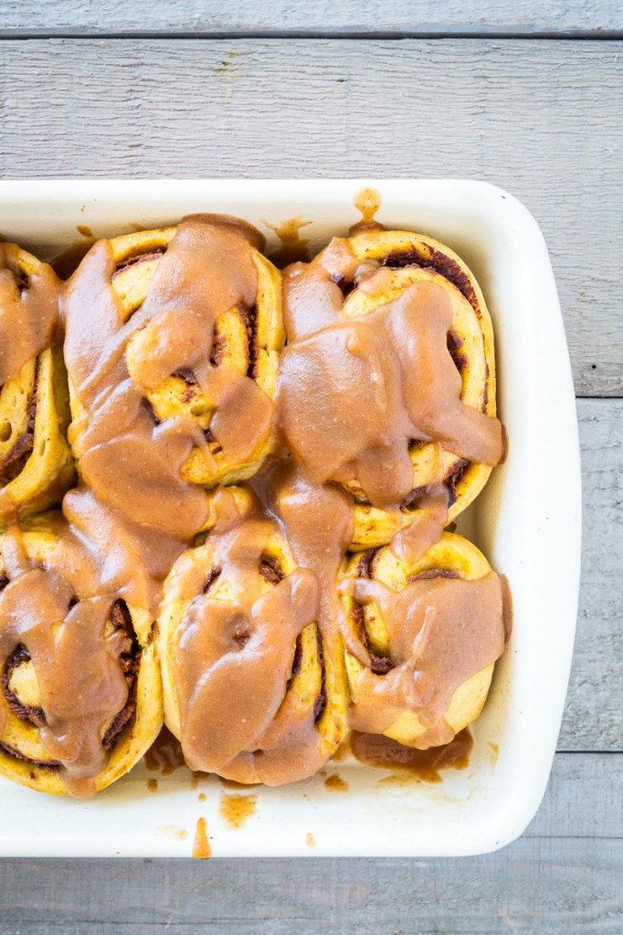 Pumpkin Cinnamon Rolls with Salted Caramel Glaze