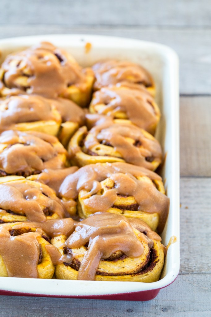 Pumpkin Cinnamon Rolls with Salted Caramel Glaze