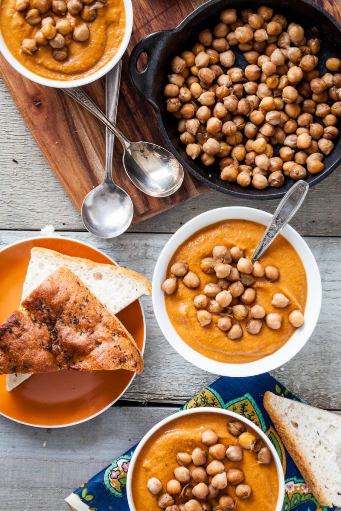 Spicy Almond Carrot Soup with Skillet-Roasted Chickpeas