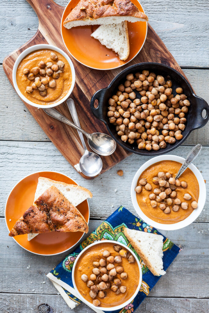 Spicy Almond Carrot Soup with Skillet-Roasted Chickpeas