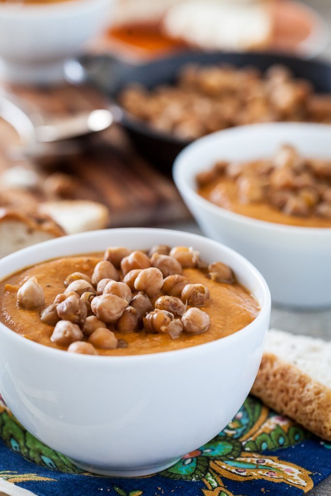 Spicy Almond Carrot Soup with Skillet-Roasted Chickpeas