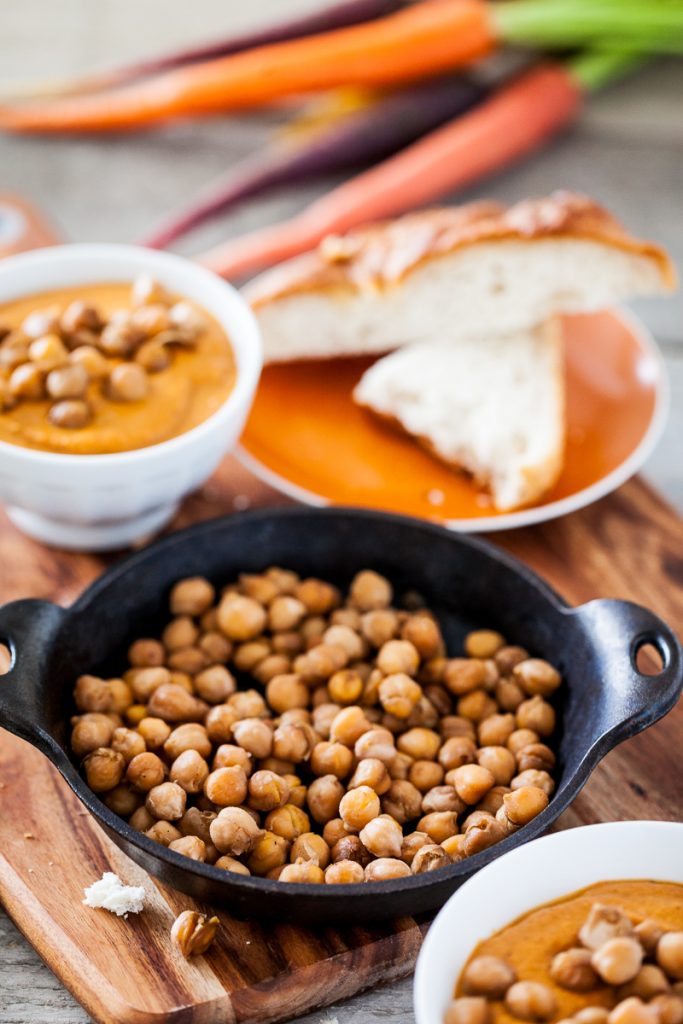 Spicy Almond Carrot Soup with Skillet-Roasted Chickpeas