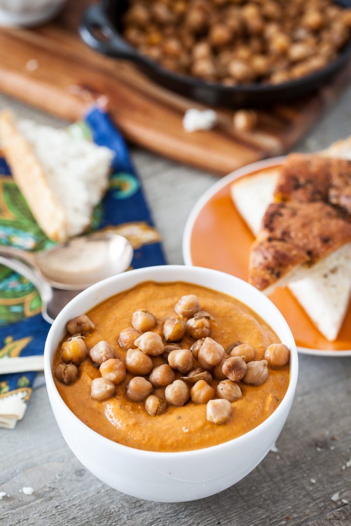 Spicy Almond Carrot Soup with Skillet-Roasted Chickpeas