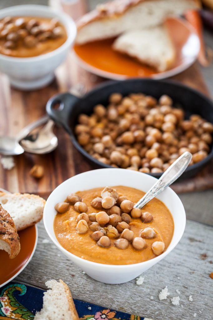 Spicy Almond Carrot Soup with Skillet-Roasted Chickpeas